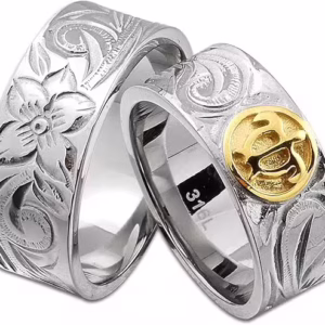 ハワイアンジュエリー ペアリング サージカルステンレス ホヌ イエローゴールド スクロール プルメリア リバーシブル ストレートエッジ アクセサリー