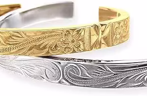 ハワイアンジュエリー ペアバングル サージカルステンレス バングル プルメリア スクロール イエローゴールド シルバー アクセサリー